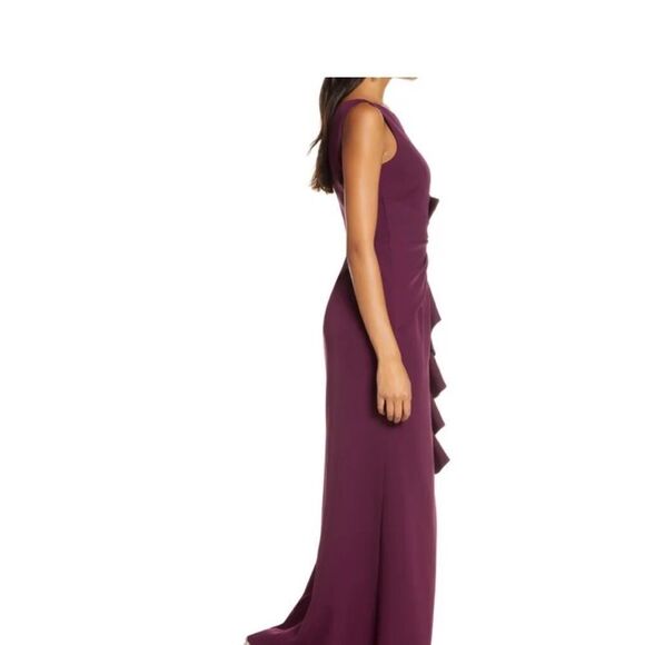 ELIZA J CASCADING RUFFLE Front PLEATED Waist EVENING GOWN Wine size 2 NWT $188 - Picture 2 of 6